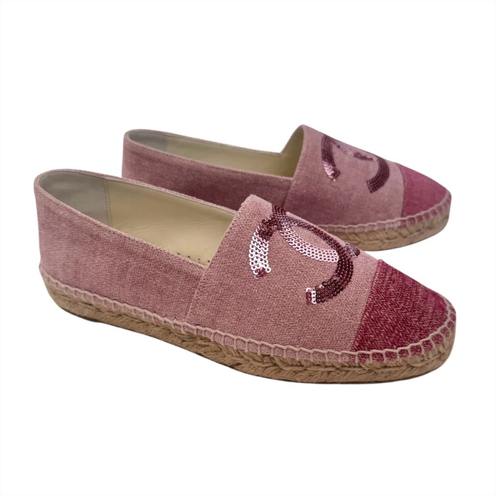 🆕💞CHANEL 2-Tone Pink Canvas & Sequin CC Logo Cap-Toe Espadrilles Flats • EU 37 - Picture 6 of 16